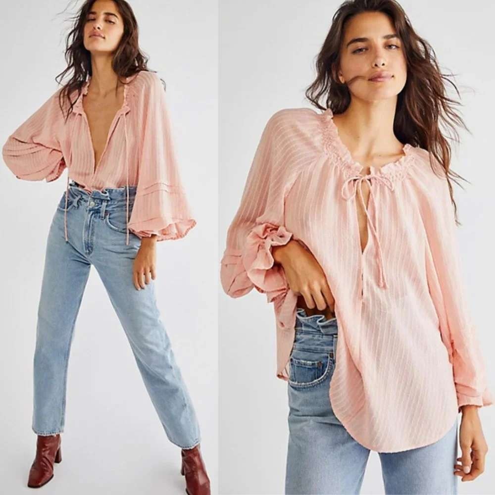 Free People Peasant Blouse Women's XS Peach Gauze Balloon Sleeve